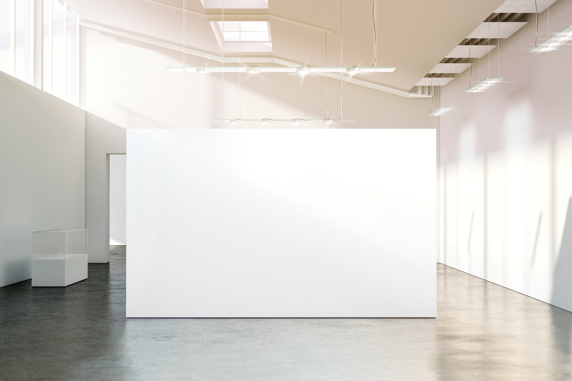 Maquete de parede branca em branco no ensolarado moderno Museu vazio
